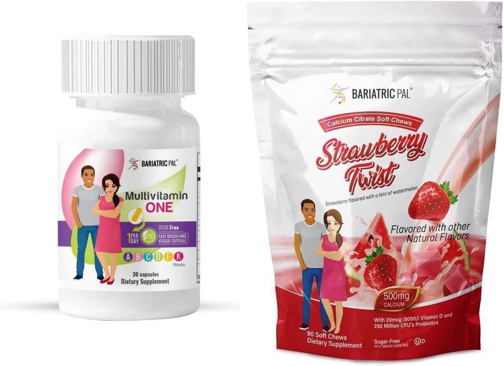 BariatricPal Duodenal Switch Popolno 30-dnevno prehransko pakiranje vitaminov (Iron-free kapsula kalcijev citrat Soft Chews s probiotiki - jagodni twist)