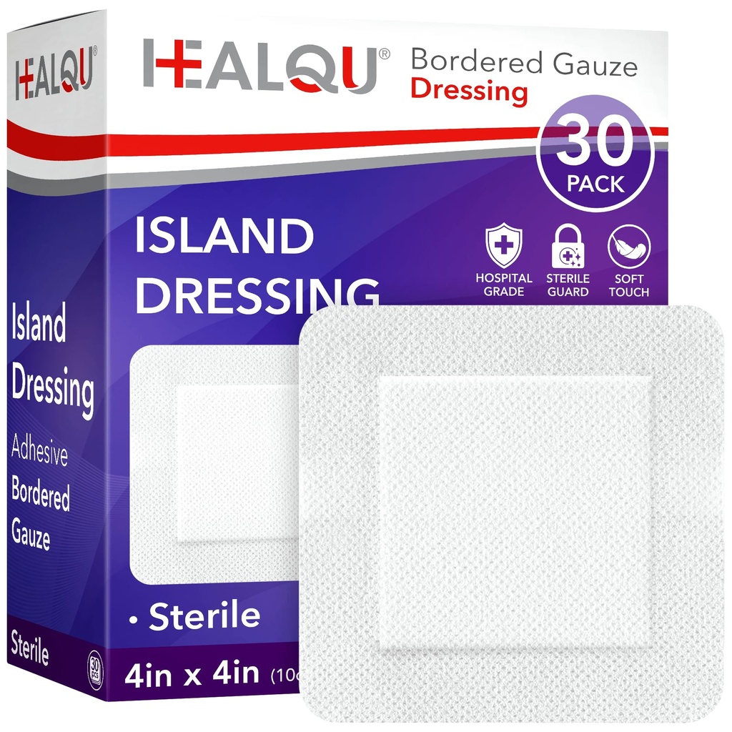 HEALQU Island Dressing - 4"x4", 30 Count - Meanted Gauze Sterile individualno zaviti Gauze Pads, vodoodporna, neWoven backing - mehko in dihanje rane obleko za prvo pomoč in medicinsko