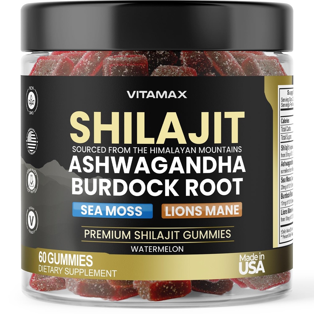 Organic Shilajit Gumies, Sea Moss, Ashwagandha, 105+ Trace Minerals – Organic Burdock Root & Lions Mane Goba – Watermelon Flavor - Vegan & Non-GMO – Made in USA – 60ct