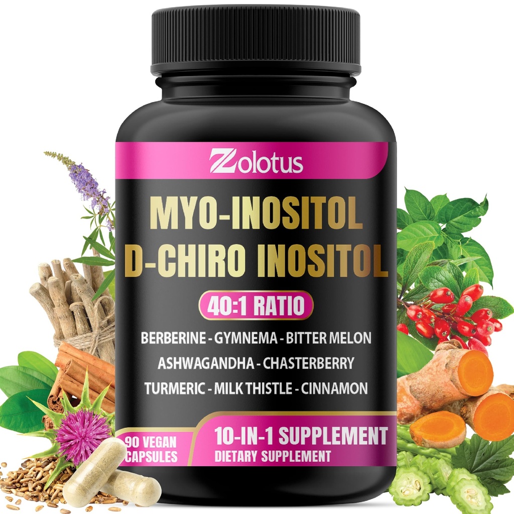 Zolotus Myo-Inositol & D-Chiro Inositol Idealno razmerje Inositol dopolnilo z grenko melono, Mlečni opornik, Kurkurja, Gymnema, Chasteberry, Ceylon Cinamon, Ashwagandha, Berberine - 90 kapsul