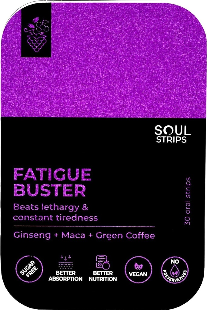 Soul Strips Utrujenost Buster Ginseng, Maca, Zelena kava, Zmanjša duševno in telesno utrujenost, Mešane jagode Okus, Hitro Absorb, Dnevna uporaba, Nič sladkorja, Vegan, 30 Strips Pack