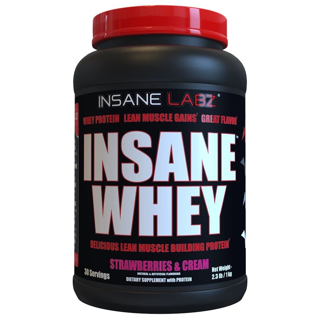 Insane Labz Insane Whey, 100% Muscle Building Whey Protein, BCAA Amino Profil, Mass Gainer, Meal zamenjava (Strawberries & Cream, 30 Serving)