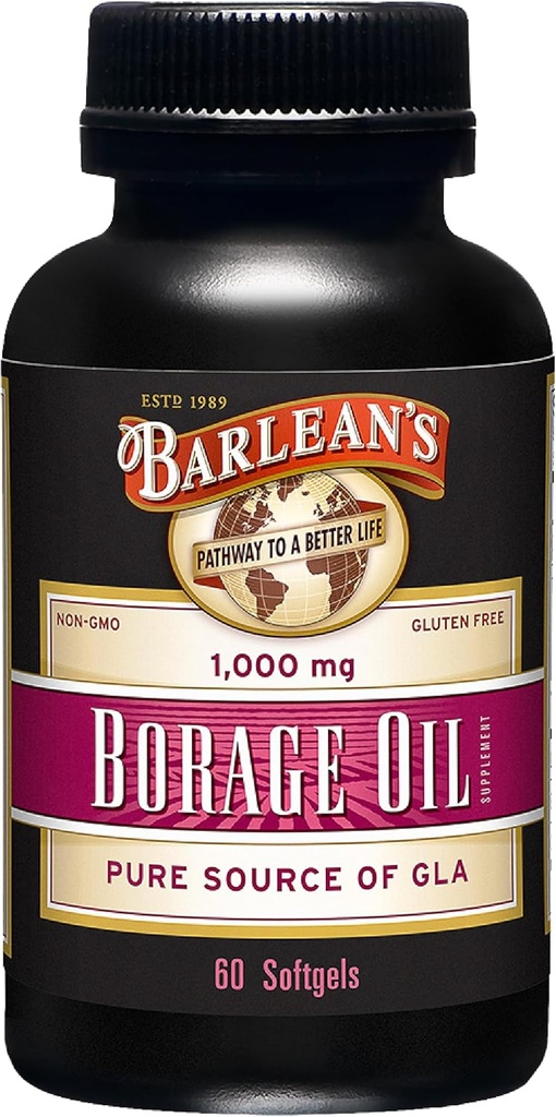 Barlean's Borage Oil Supplements, Hladno stiskano Pure Borage Seed Oil Supplement Softgels za moške in ženske, 1000 mg GLA maščobne kisline, 60 Število