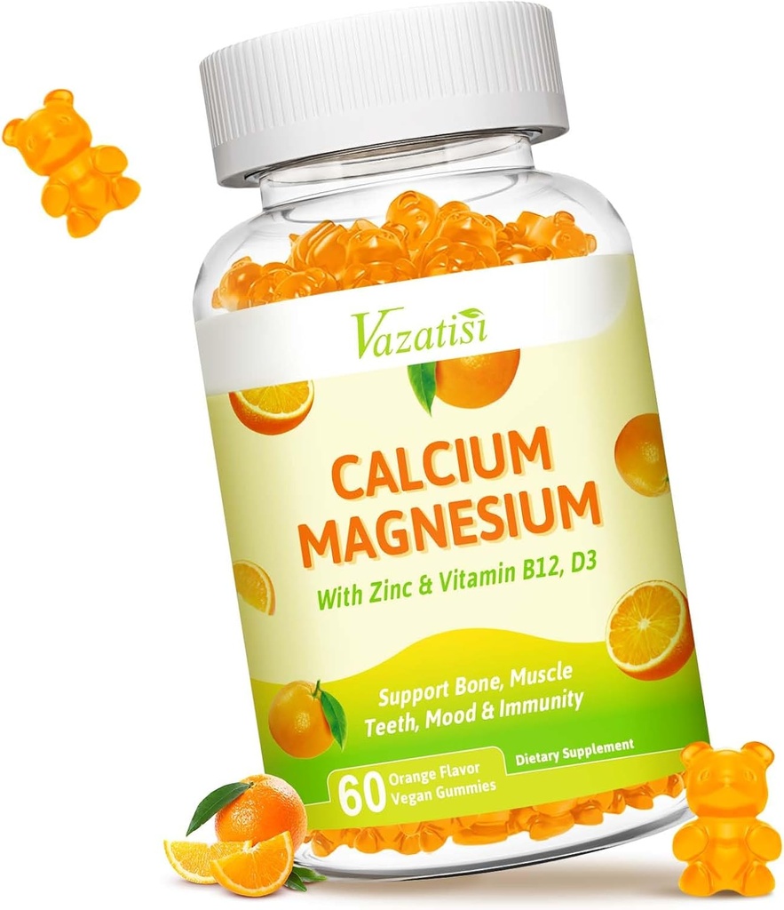 Kalcijev magnezijev cink Gumiji z vitaminoma D3 in K2, visoka absorpcija Magnezijev glicinat Kalij za imunski in mirni razpoloženj, veganska pomarančna aroma 60 Gumijev