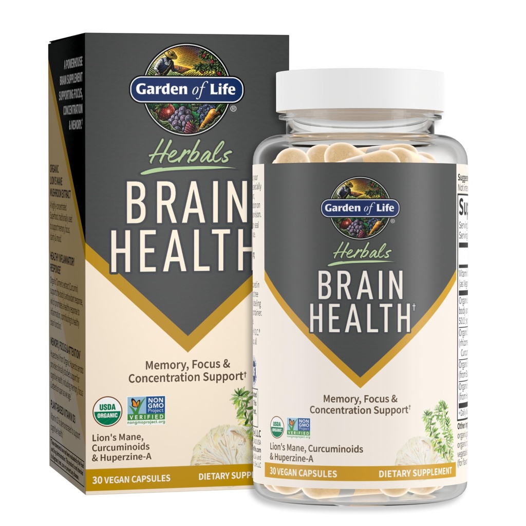 Vrt življenja Brain Health Supplement z organsko levjo grivo in kurjavo, ne-GMO, Gluten-free, Mint Flavor - za spomin, fokus in zdravo delovanje možganov