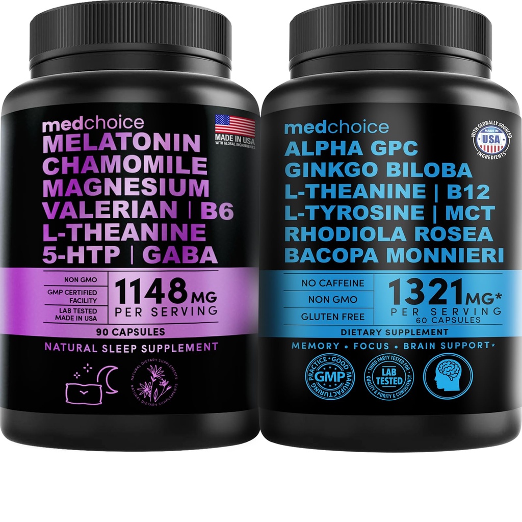 MEDCHOICE Sleep Melatonin (90ct) in Nootropic Brain (60ct) Dodatek Bundle - Wellness Duo za spanje, možgane, fokus, & Mood Podpora - Vegan, Non-GMO, Gluten-free