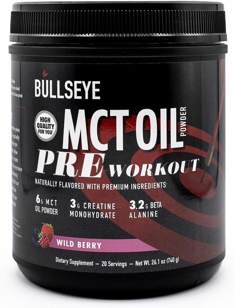 Bullseye MCT Oil Pre Workout dodatek - Kreatin monohidrat, srednje verige trigliceridi, Beta Alanin, kofein, L-citrulin, mišice Gainer, Fokus, vzdržljivost, energija -20 Serving - Wild Berry