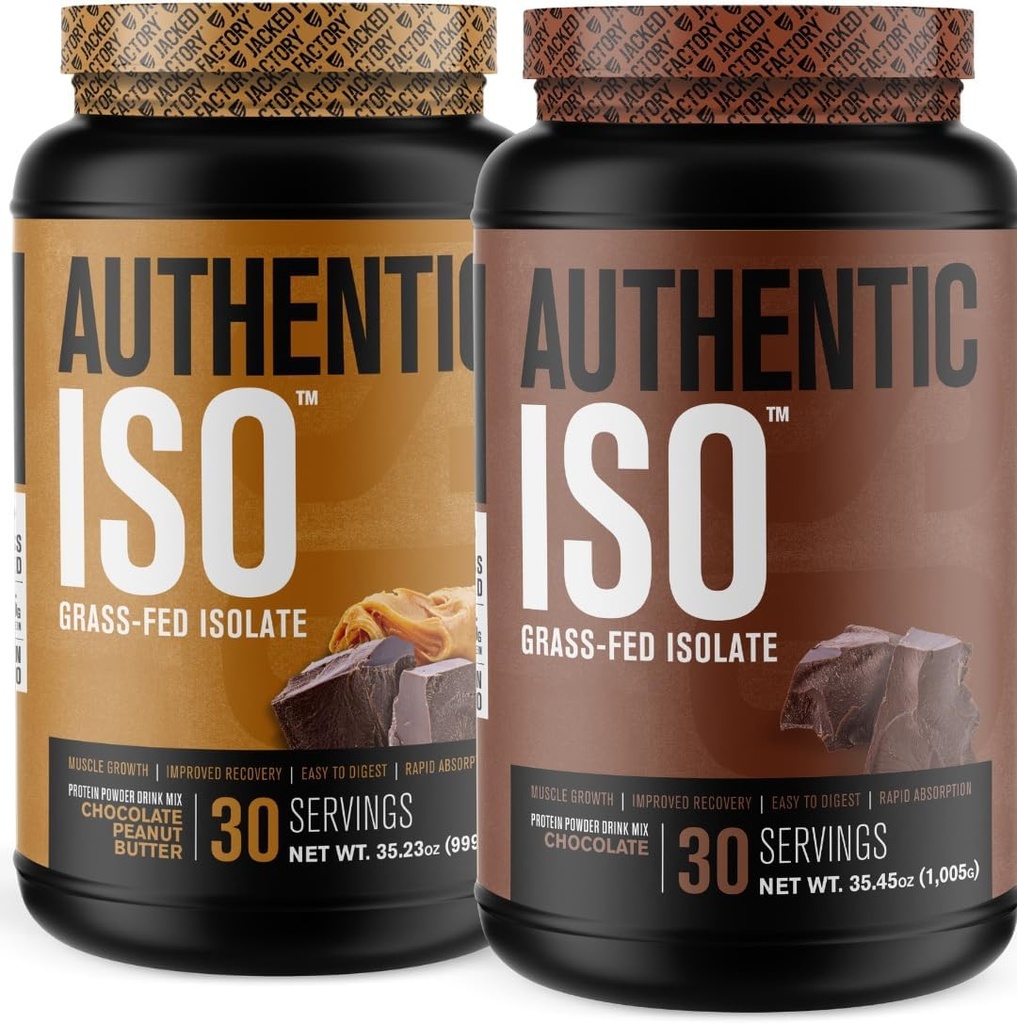 Jacked Factory Verodostojni ISO Grass Fed Whey Protein Isolate Powder - Low Carb, Ne-GMO Muscle Building Protein w/No Fillers (Chocolate Peanut Butter, 30sv) & (Chocolate, 30sv)