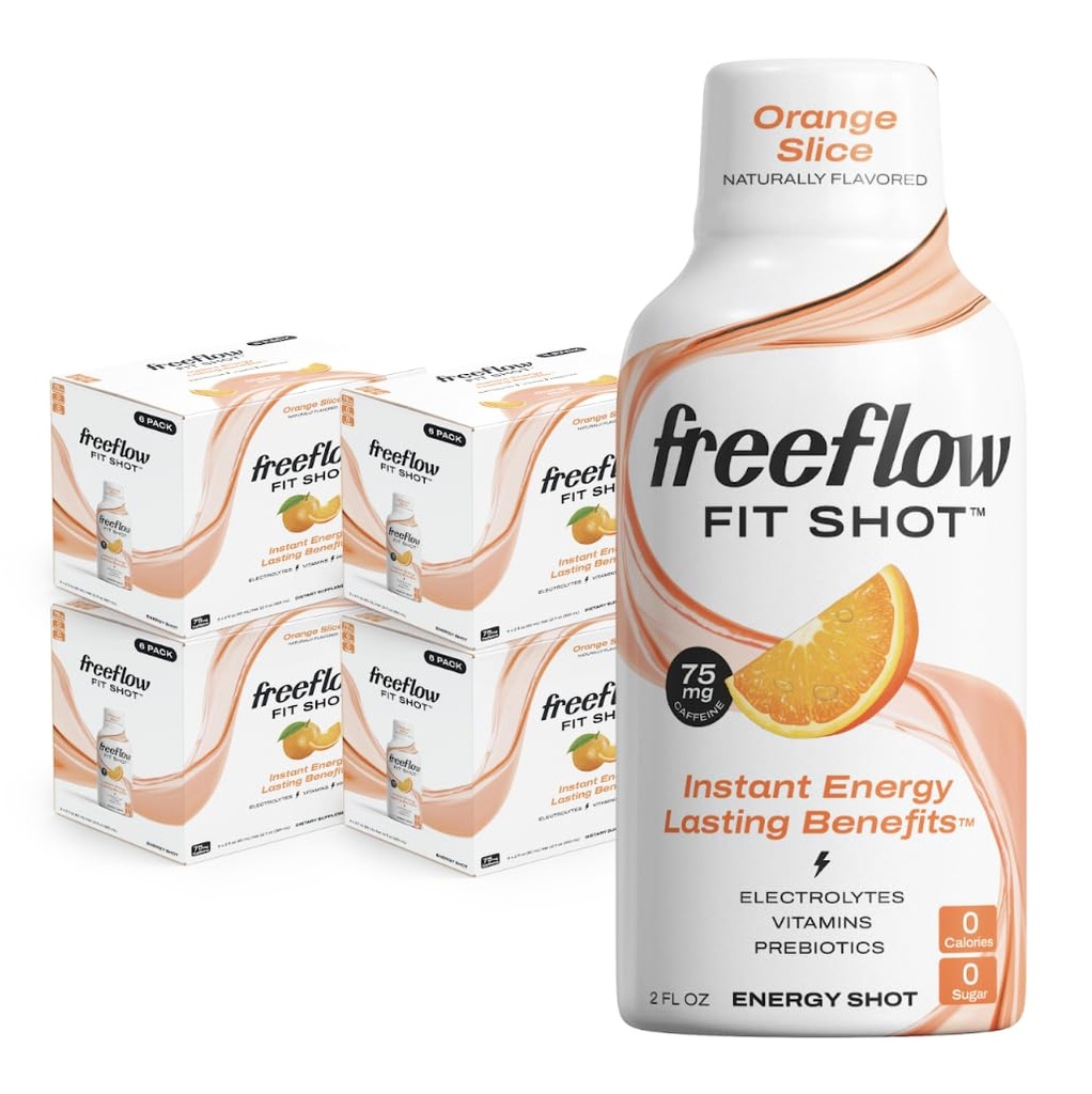 Prosti tok Fit Energy Shots, Orange Slice, Naravni kofein Boost z L-teanin, Ginseng, Vitamini, Prebiotiki, Elektroliti (24 Count, 2oz Shots)
