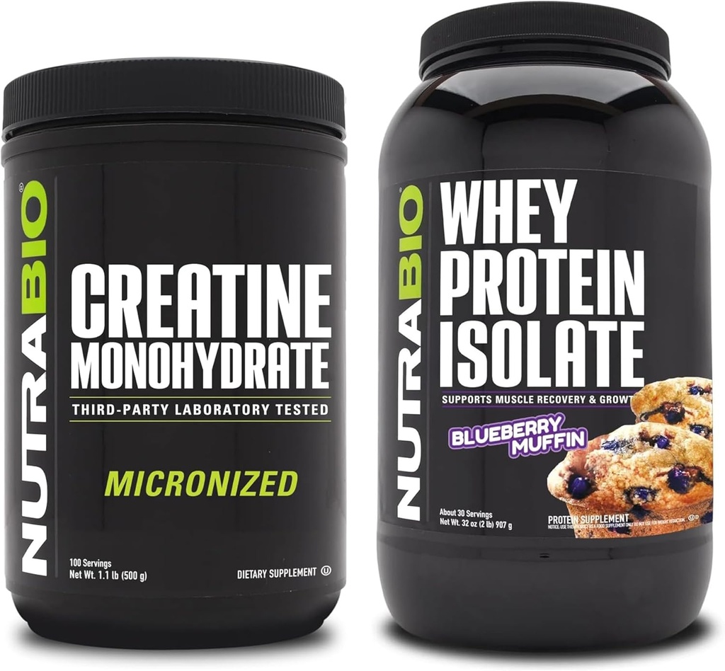 NutraBio Kreatin Monohidrat, brez arome, 500g in sirotkinega proteina izolat, borovnice Muffin, dodatek strdek - mišična energija, rast, okrevanje in moč