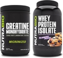 NutraBio Kreatin Monohidrat, brez arome, 500g in sirotkinega proteina izolat, borovnice Muffin, dodatek strdek - mišična energija, rast, okrevanje in moč