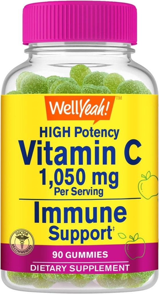 WellYeahe Vitamin C 1050 mg Gumiji - Naravne izvorne arome - Imunska podpora Prehranska dopolnila, Antioksidanti Podpora - Dodatna moč vegetarijanski gummy, Non-GMO, Gluten Free - 30 Servinges