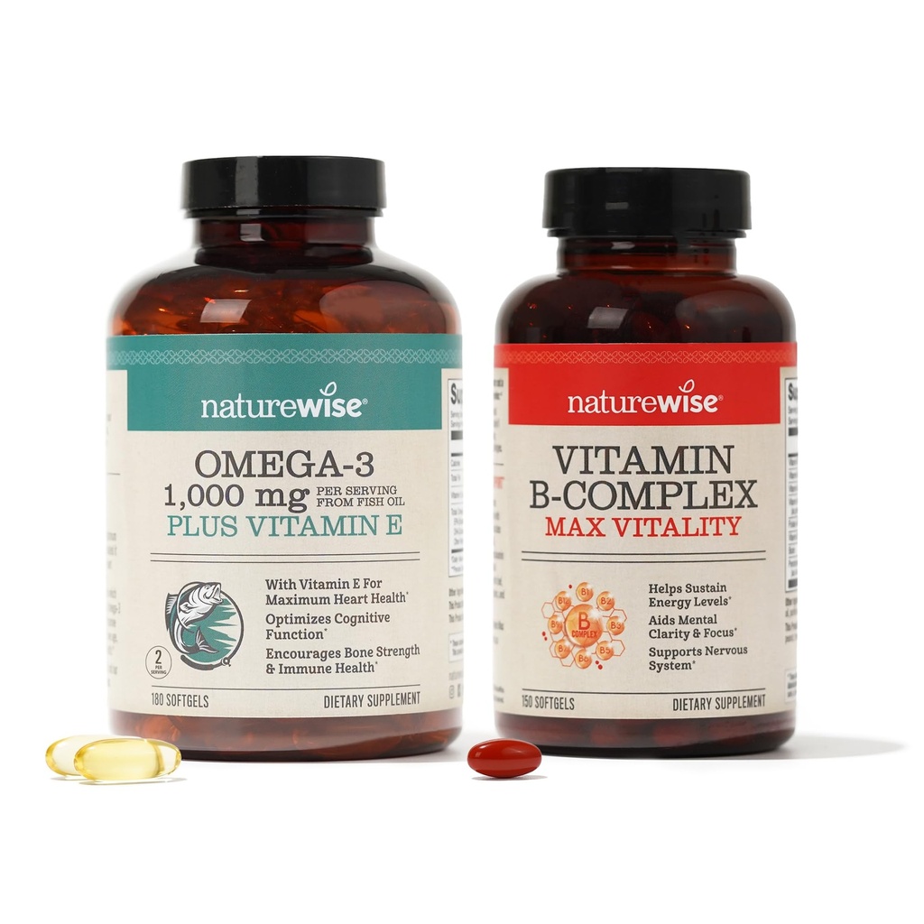 NatureWise 1000mg Omega 3 600mg EPA 400mg DHA z vitaminom E 180ct & vitamin B kompleks za ženske in moške 150 Softgels[5-mesečna zaloga]