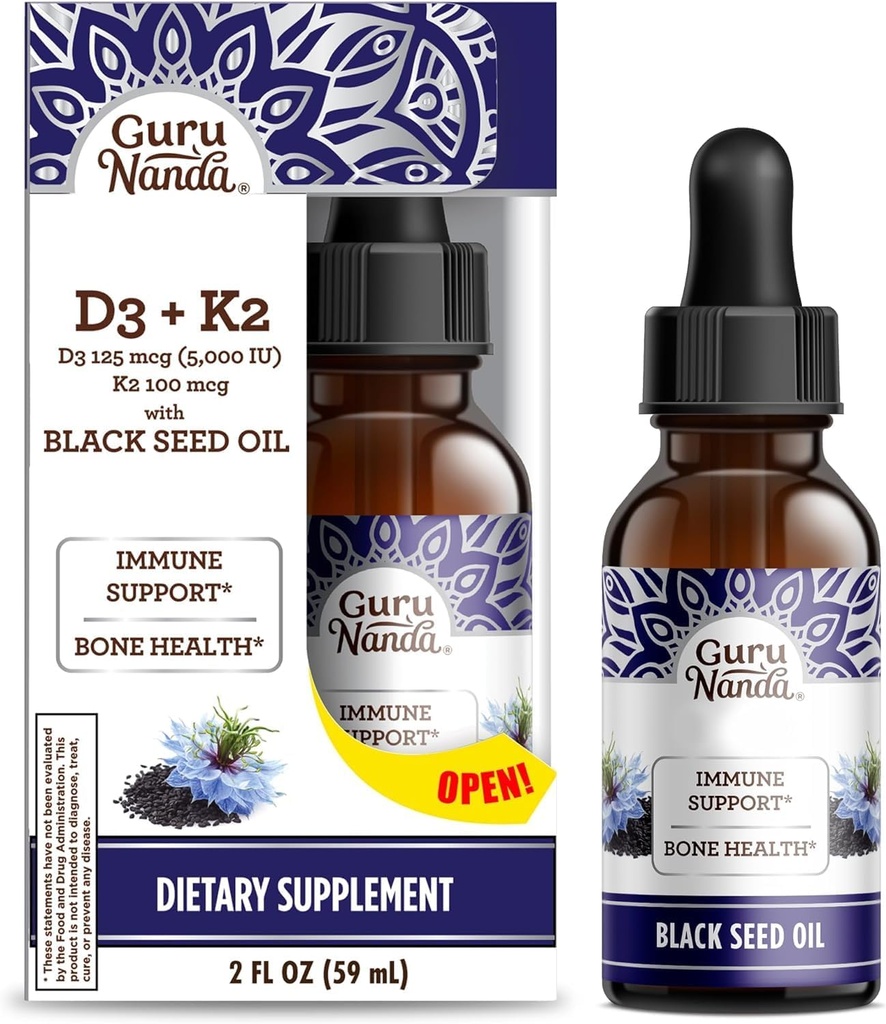 GuruNanda Wellness Bundle: Liquid Ashwagandha z Bacopa (1 Fl Oz) za Focus & Relaxation Support & Black Seed Oil (2 Fl Oz) z vitaminom D3, K2 & E za povečanje imunskega odziva - Vegan & Non-GMO