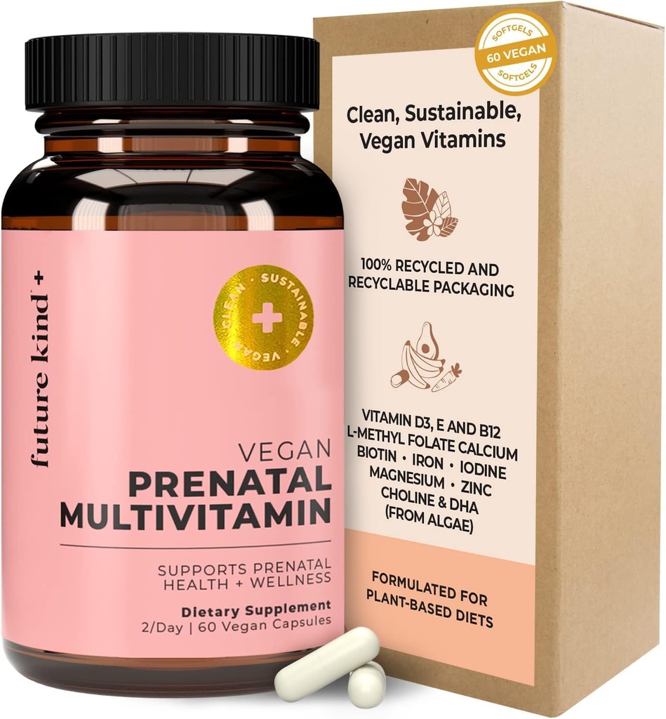 Future Kind Prednatal Vitamin z DHA & L-metilfolat v stekleni steklenici - Prenatal Folat dodatek za ženske z vitaminom D & E, železo & Biotin - Gluten-free, Non-GMO (60ct)