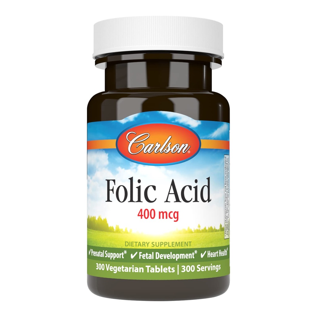 Carlson - Folna kislina, 400 mcg, Zagotavlja pomembno prenatalno podporo, razvoj ploda, 300 tablet