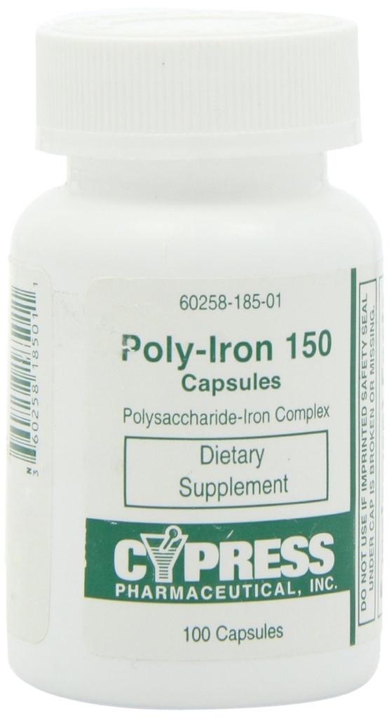 prehranska dopolnila – poliželezne kapsule 150 mg (100 kapsul na steklenico) zdravila Cypress Pharmaceutical #185-01 (2 steklenici po 100 kapsul)