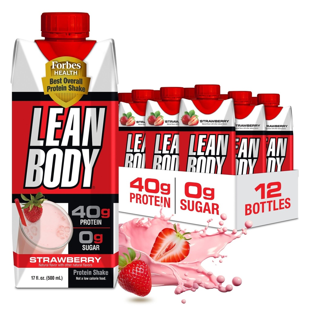 Labrada Lean Body Ready to Drink Strawberry Protein Shake, 40g beljakovine, sirotkina mešanica, 0 sladkor, Gluten brez, 22 Vitamini in minerali, 17 Ounce (Reciklirna škatla & Lid - pakiranje po 12) LABRADA