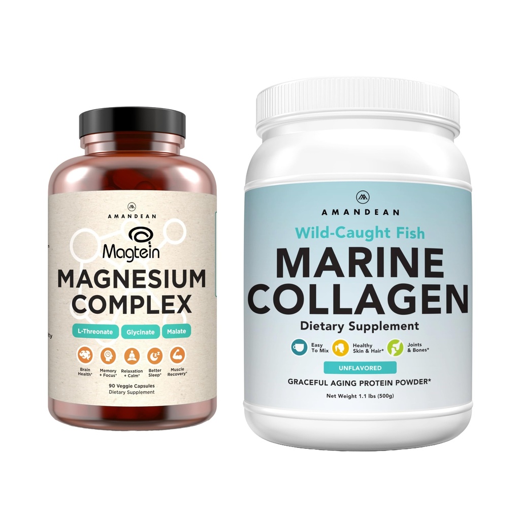 AMANDEAN Premium Magnezij Complex & Marine Collagen Bundle. Visoka absorpcija Magnezijev treonat, Glicinat & Malate. Divji ujet hidroliziran ribji kolagenski protein. Podpora kakovostnem spanju, koži in razpoloženju