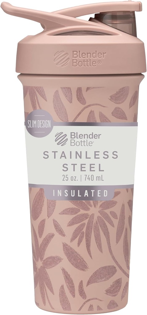 BlenderBottle Strada Flip Shaker Cup Izolirana Nerjaveče jeklo steklenica vode z žico Whisk, 25-Ounce, rjavi cvetovi