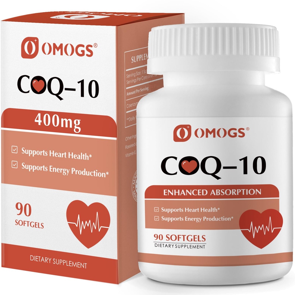 OMOGS CoQ10 400mg softgels, koencim Q10 visoka absorpcija dopolnila podporo zdravje srca, kardiovaskularno zdravje, imunski sistem in celična energija proizvodnja, Gluten prost, 90 Softgels