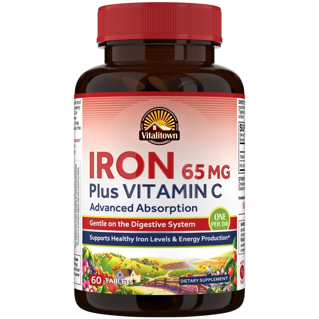 Vitalitown železni dodatek za ženske moške, Hig Potency 65mg železo z vitaminom C 250mg, manj zaprt, boljše za izgradnjo krvi in izboljšanje energije, brez gluten, non-GMO 60 Veganske železne tablete