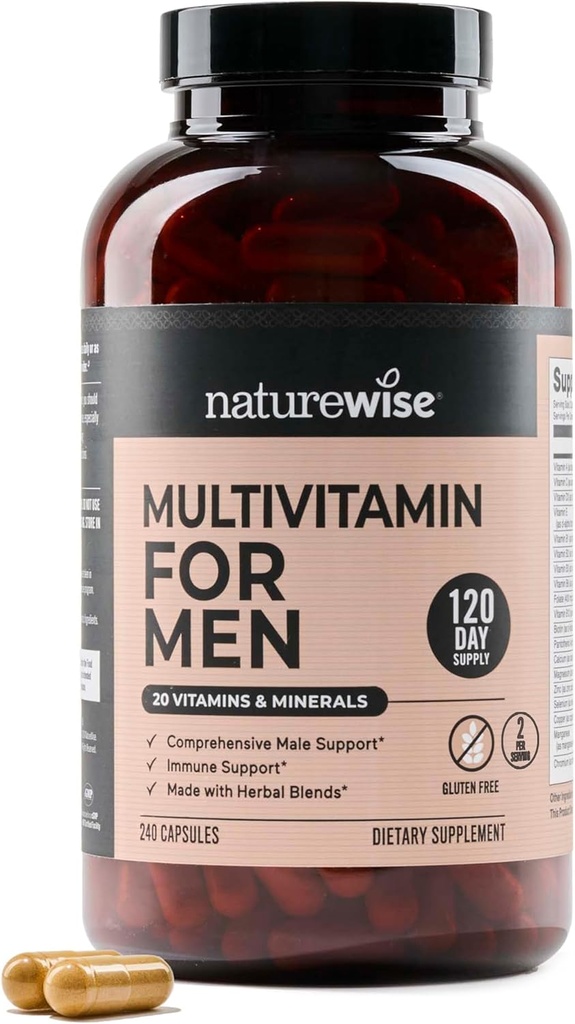 NatureWise Multivitamin za moške - vsakodnevna podpora za moške - Minerali in zelišča za energijo, zmogljivost, imuniteta - z vitaminom A, C, D, B-kompleks - Soy & Gluten-free, Non-GMO - 240 kapsul[6-mesečna zaloga]