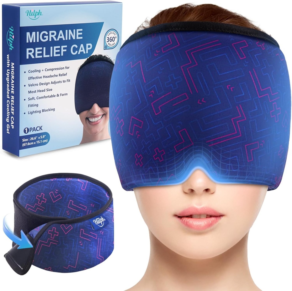 Hilph nastavljiv migrena Relief Cap z debelim gel hladno kompresijo, glavobol Relief Cap, obraz hlajenje maska gel pokrov za napetost, stres in mačka, Pomirjujoča darila za ženske moške modra