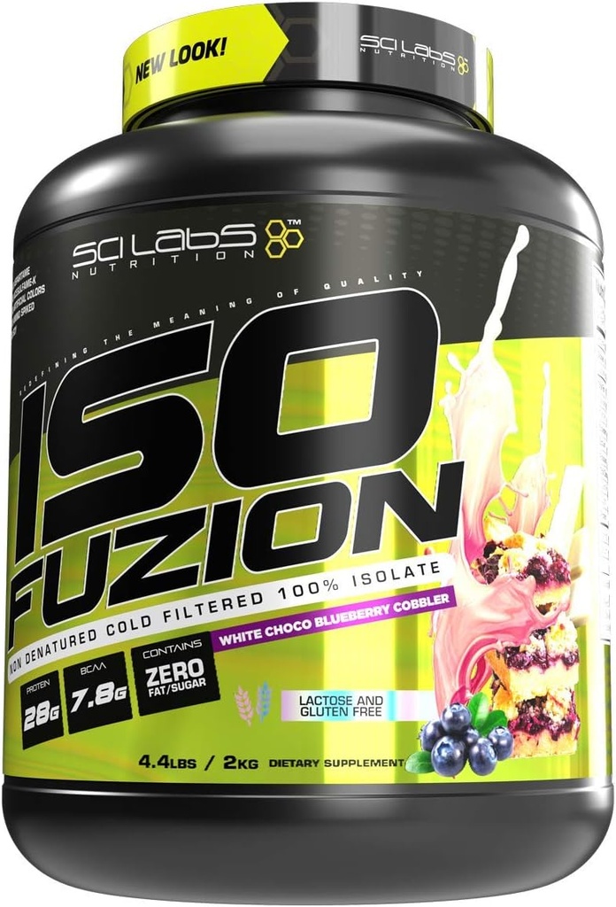 Iso Fuzion 100% sirotkin izolat 28g nedenaturirani proteini v prahu, beli čokoladni borovničev kolač, 4,4 lb