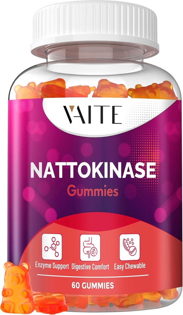 VAITE Nattokinase Supplement 2000 FU (Fibrinolitične enote) 100mg - Enzyme Supplement, Veganska Formula, Podpira zdravje, dvojno moč, Non-GMO, Soy Free, Gluten Free, 60 Vegetarian Gummies