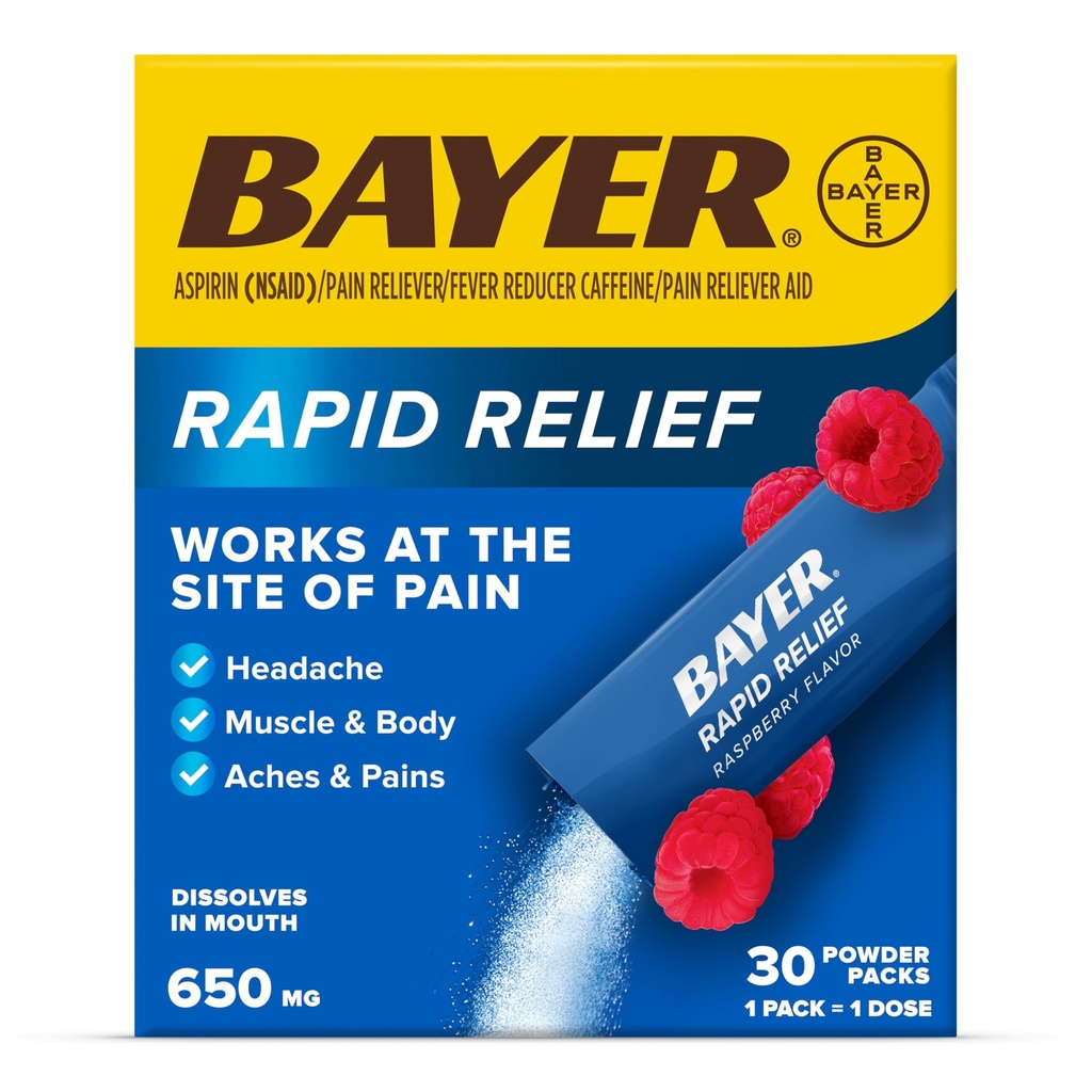 Bayer Rapid Relief Powder Packs with Aspirin & Caffeine, Nerešljiva hitro delujoča bolečina Relief za glavobol, mišice in bolečine v telesu, Malina aroma (Pakiranje lahko razlikujejo), Pakiranje 3 x 10 Število