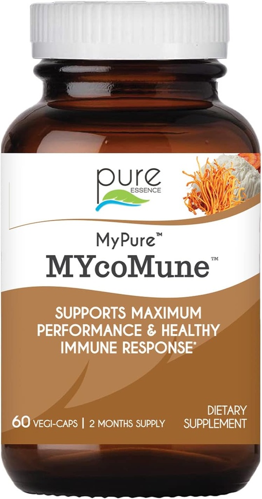 PURE ESSENCE LABS MYcomune Imunska podpora dodatek - Koncentriran izvleček organskih gob v prahu - Reishi, Lion's Mane, Cordyceps, Chaga, Shiitake, Maitake - 60 Caps