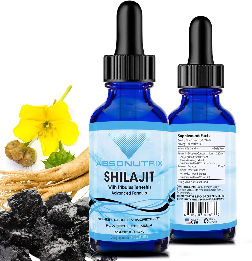Absonutrix Shilajit s Tribulus Terrestris 390 mg, 4 Oz Liquid, 300 Serving, Izdelano v ZDA, Hitra absorpcija, Kakovost Močne sestavine, Ne-GMO, GMP Certified Facility, Cruelty-free products