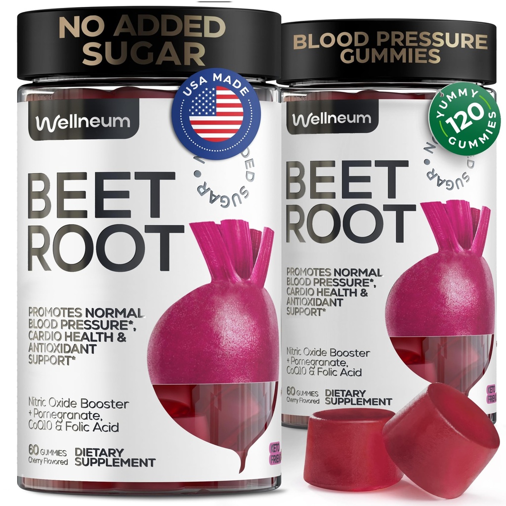 Beets za visok krvni tlak 120 Pcs (2 paket) - Beet Root Chews z Granatni sok v prahu - dušikov oksid Gumies za energijo, Cardio zdravje - Gummy dodatek za moške in ženske - sladkor brez
