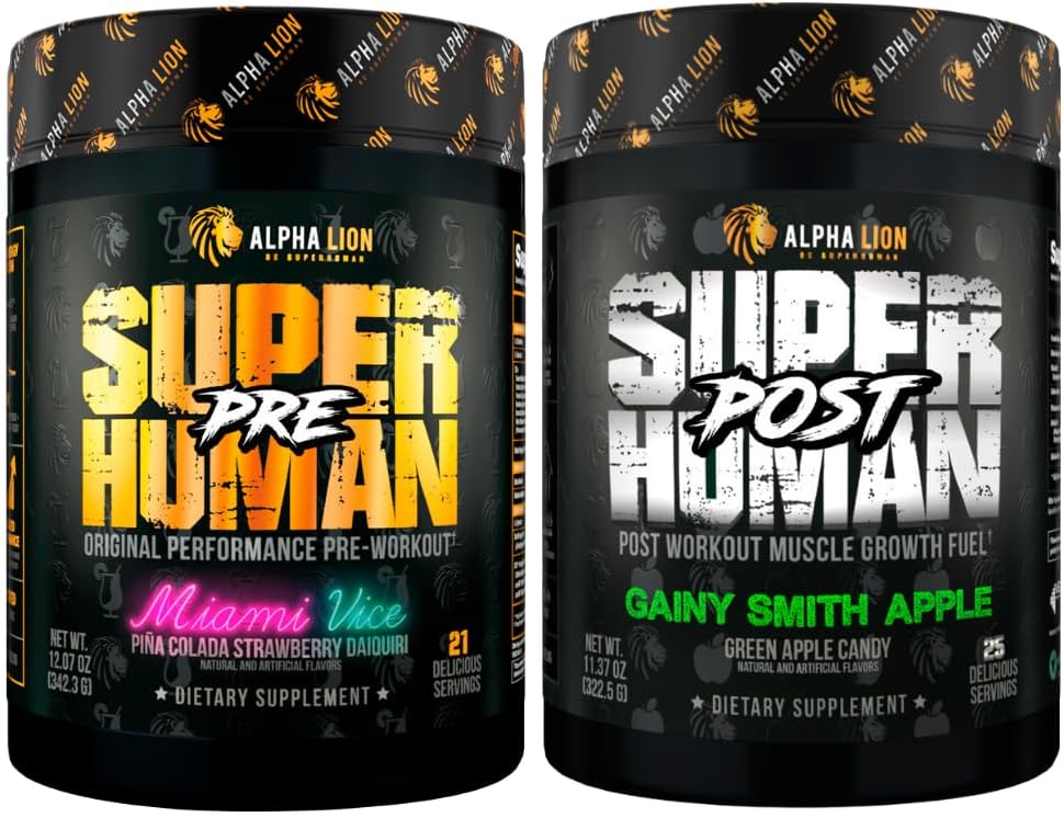 ALPHA LION Superhuman Pre Workout Powder & Post Workout Recovery Bundele (Miami Vice & Gainy Smith Apple)