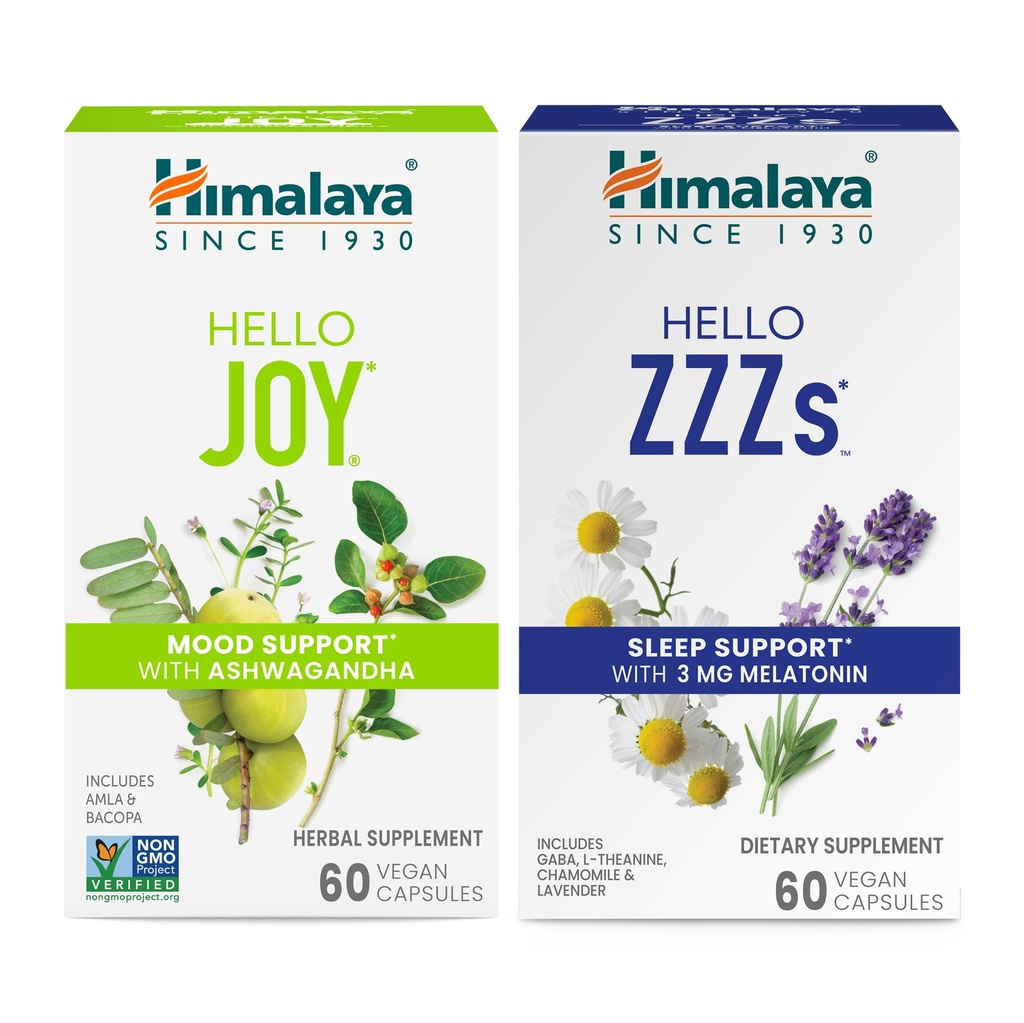 Himalaja Pozdravljeni Veselje z Ashwagandha za izboljšanje razpoloženja in duhovi & Pozdravljeni ZZZs z Melatonin za podporo spanja, 60 Kapsule vsak - paket