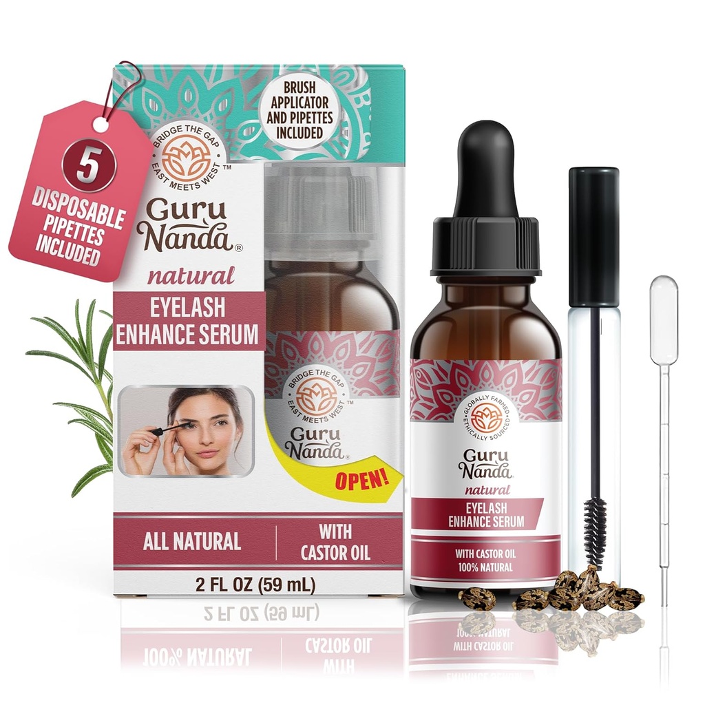 GuruNanda Natural Castor Oil Trepalnice izboljšanje serum z Rosemary Oil - čopič Aplicator & 5 Pipettes, pomaga naravno rast las za obrvi in brade, 2 Fl Oz