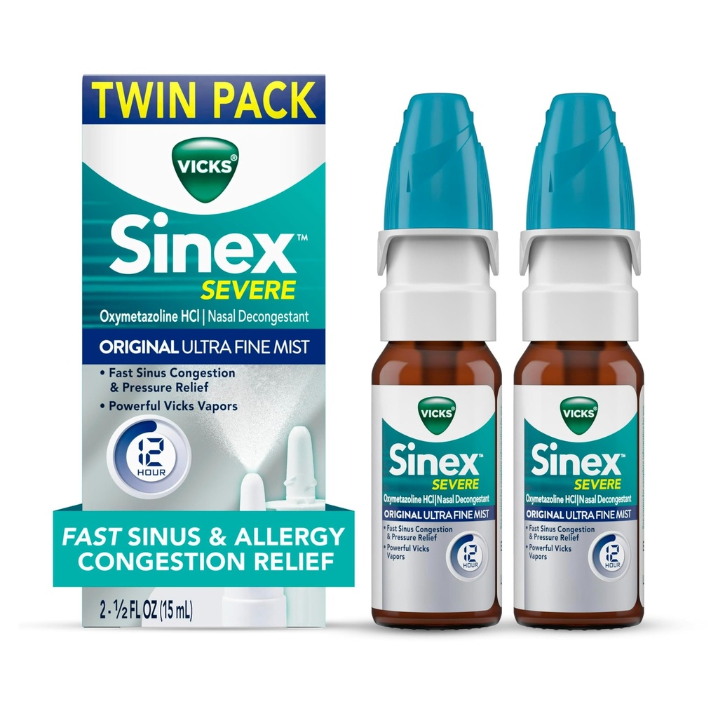 Vicks Sinex Severe Alergy & Sinus Nasal Spray, Original Ultra Fine Mist, Dekongestiv Medicine, Relief iz Nasal Congestion zaradi hladne ali alergije, Sinus razbremenitev tlaka, 265 Sprays x 2
