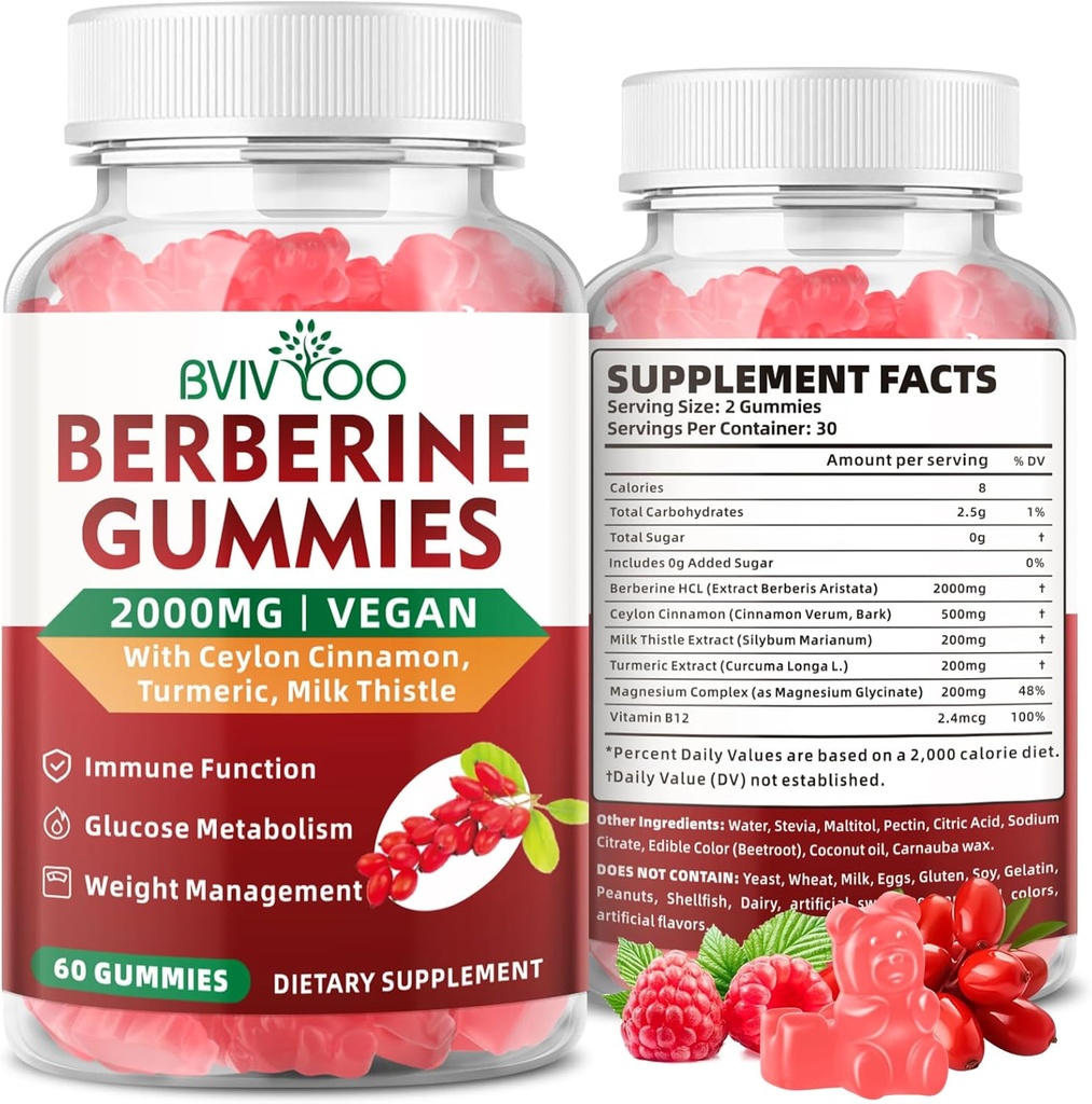 Premium Berberine Gumies, 2000mg Visoka moč Berberine HCI dodatek, Plus Ceylon Cimet, Mlečni osat za ženske in moške, Imunski sistem in metabolizem podpora - 60 Gummies