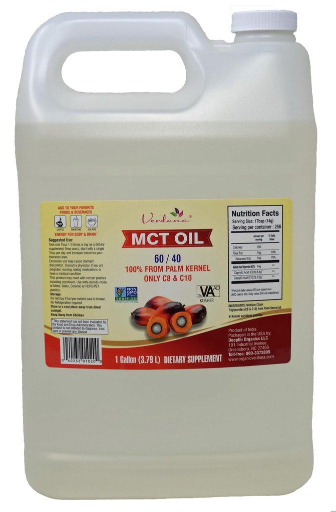 Verdana Food Grade MCT Oil – 1 Galon (128 Fl Oz) – Premium C8/C10 Trigliceridi – Keto & Paleo Friendly – Non-GMO, Kosher – Zaupen Blagovna znamka za energijo, Športna prehrana, Aromaterapija in masaža