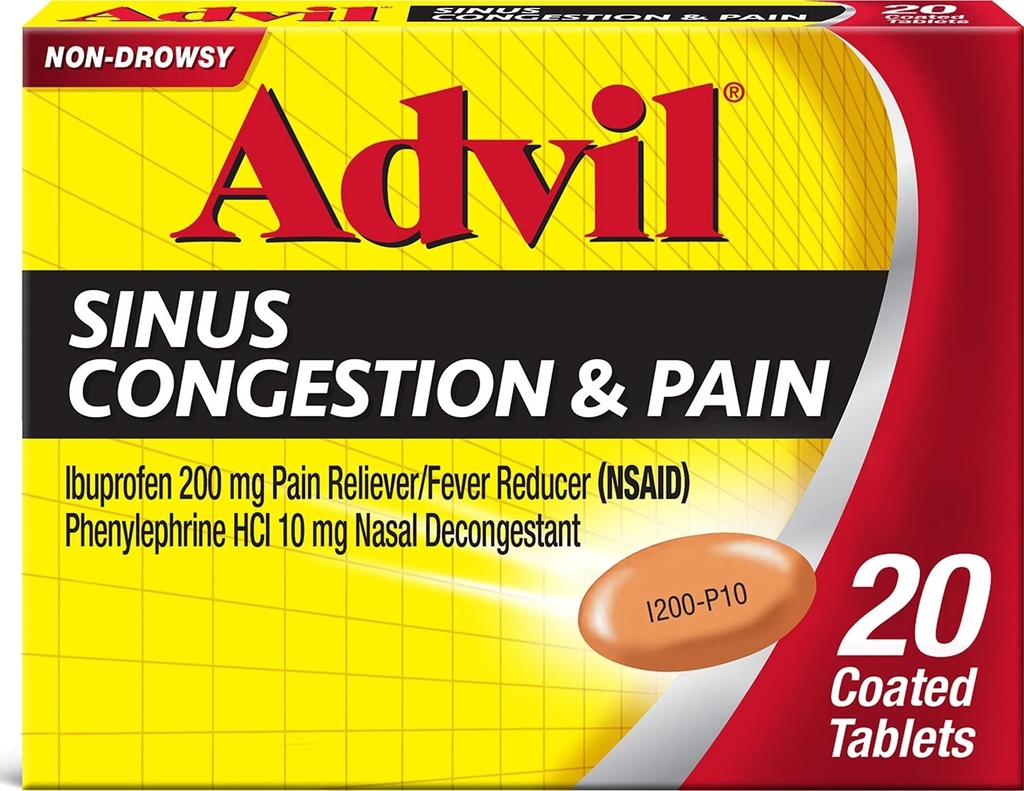 Advil Sinus Congestion and Pain, Sinus Relief Medicine, Bolečina Reliever in Reduciranje zvišane telesne temperature z Ibuprofen in Fenylefrine HCl - 20 Obložene tablete