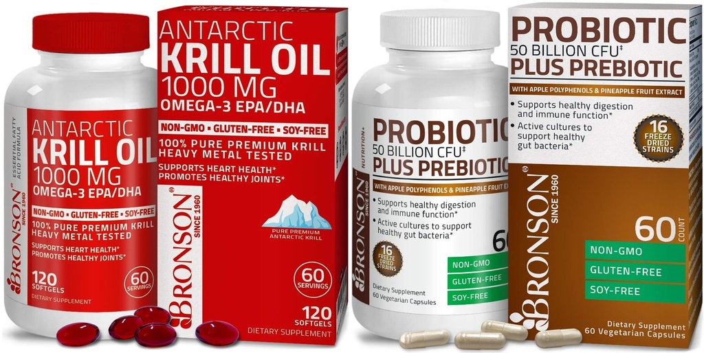 Bronson probiotik 50 milijard CFU + prebiotik z Apple Polifenoli in Ananas sadje ekstrak Antarktika Kril olje 1000 mg z Omega-3s EPA DHA