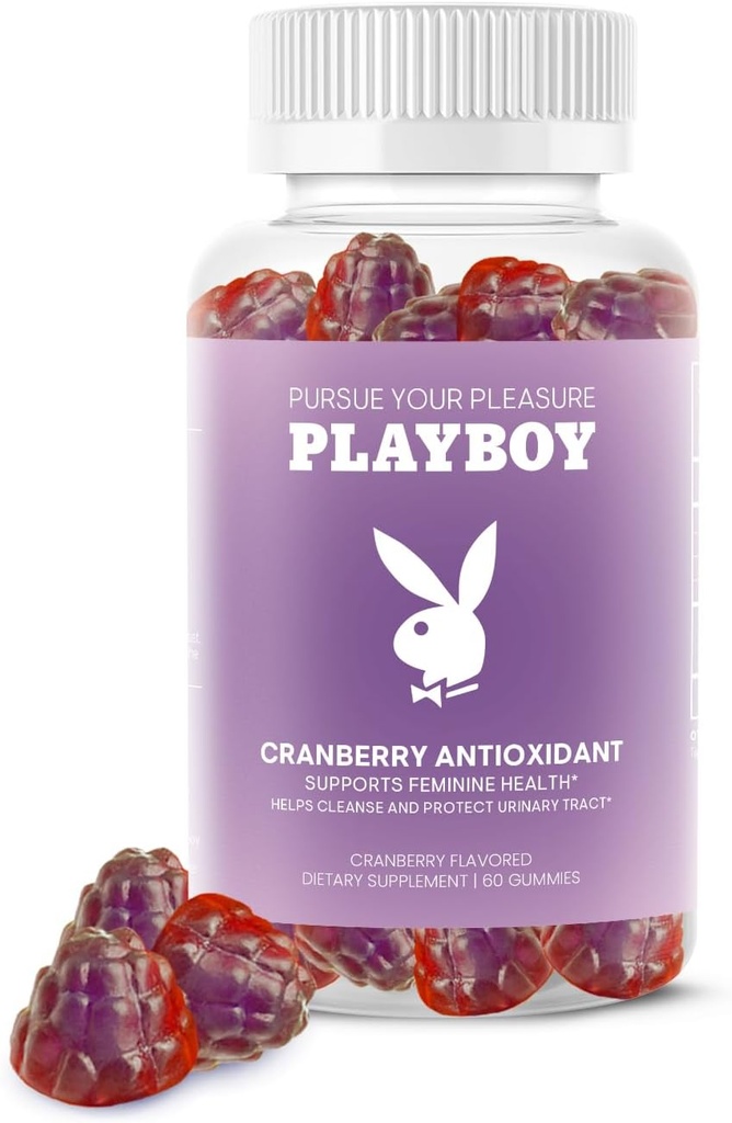 Playboy - Feminine Health Cranberry Antioksidant Gumies za ženske (60 Count - Cranberry) Antioksidant Bogat za čiščenje in zaščito urinarnega trakta Zdravje, Vaginalna Odora in Ph Balance - Non GSO, Vegan Gummy