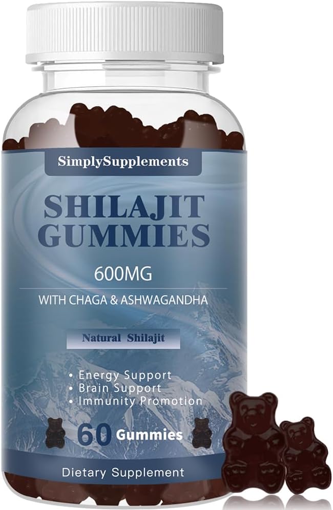Shilajit Gummies z Ashwagandha in Chaga za moške in ženske - Shilajit dodatek s Trace minerali & Fulvic kislina za energijo in imuniteto podporo, 60 Gummies
