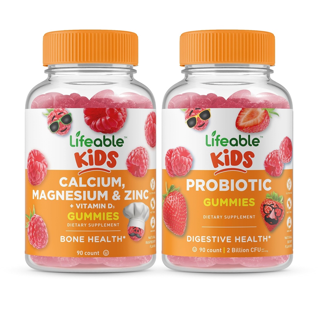 Življenjski kalcij Magnezij & cink Otroci + Probiotik 2 milijarda CFU otroci, Gummies Bundle - odličen okus, Vitamin dopolnilo, Gluten brezplačno, GSO brezplačno, Žvečljivi Gummy