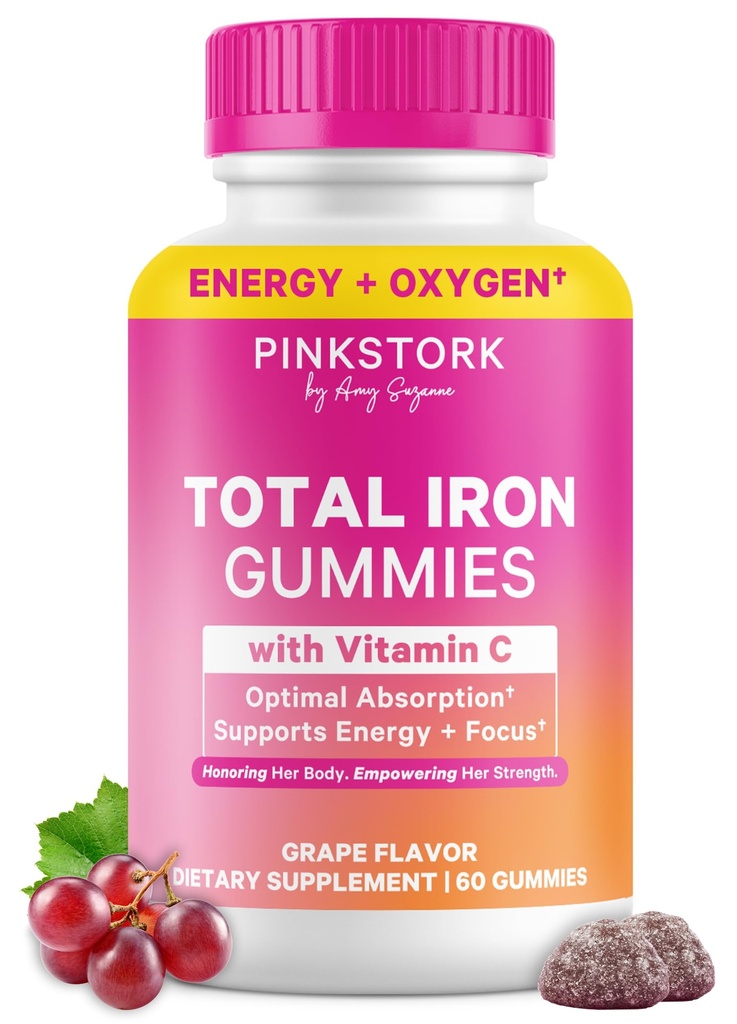 Pink Stork Prenatal Iron Supplement Gummies for Women - 20 mg with Vitamin C - Grape Chewable for Deficiency, Energy, & Blood Builder - 60 Gummy Chews