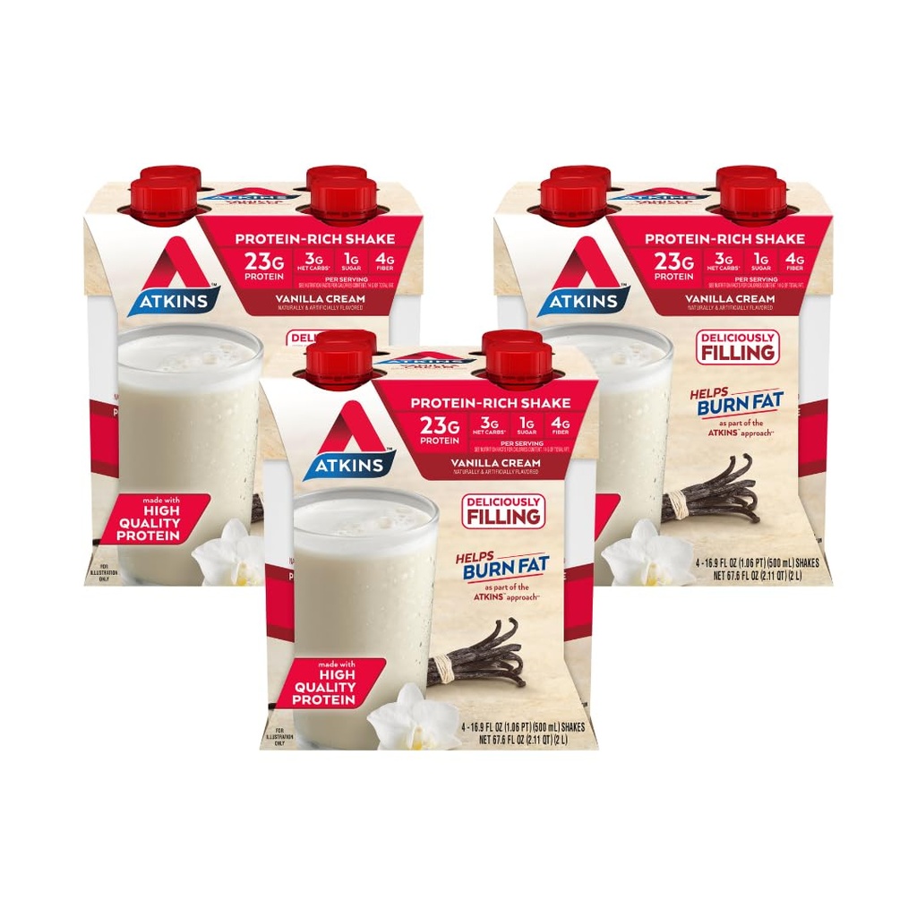 Atkins vanilija krema obrok velikosti beljakovin Shake, 23g beljakovin, nizko glikemična, 3g ogljikovih hidratov, 1g sladkorja, Keto prijazno