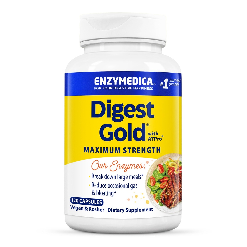Enzymedica Digest Gold + ATPro, formula z največjo jakostjo encima, 14 ključnih encimov, vključno z amilazo, proteazo, lipazo in laktazo, 120 kapsul