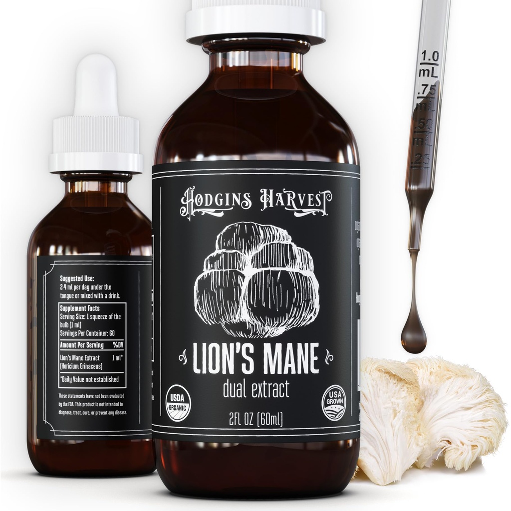 Hodgins Žetev Ekološki lev Mane Sadje telo ekstrakt Tinktura - Gobe dopolnilo za zdravje možganov in duševno fokus - Dual Extract Formula - Extra koncentrat - 2 fl oz steklenica