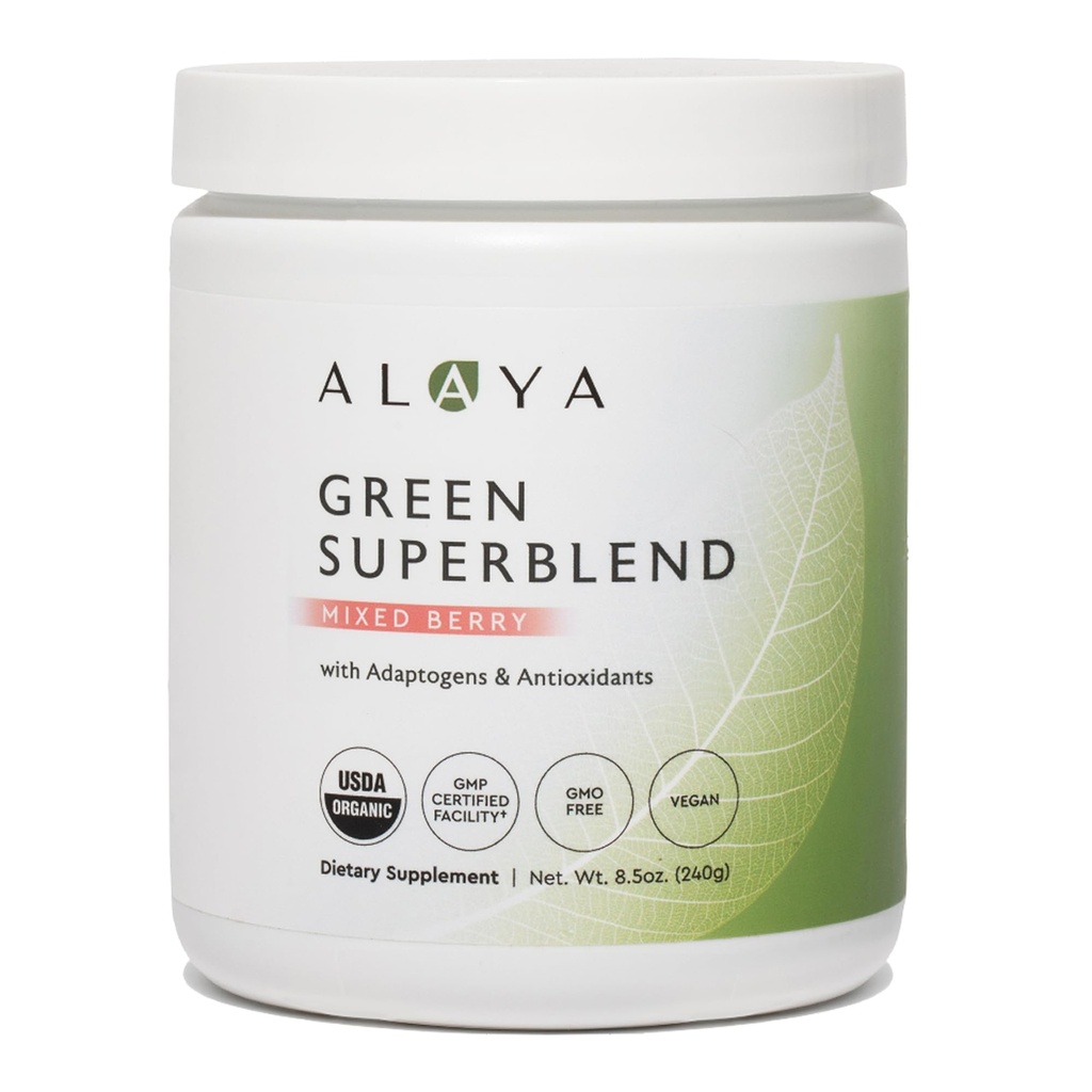 Alaya Organic Super Greens Powder - Premium Green Juice Superfood Supplement Powder - Adaptogeni, Antioksidanti in probiotiki Mešanica - USDA Organic, Non-GMO, Vegan - 30 Serving (Mešana Berry)